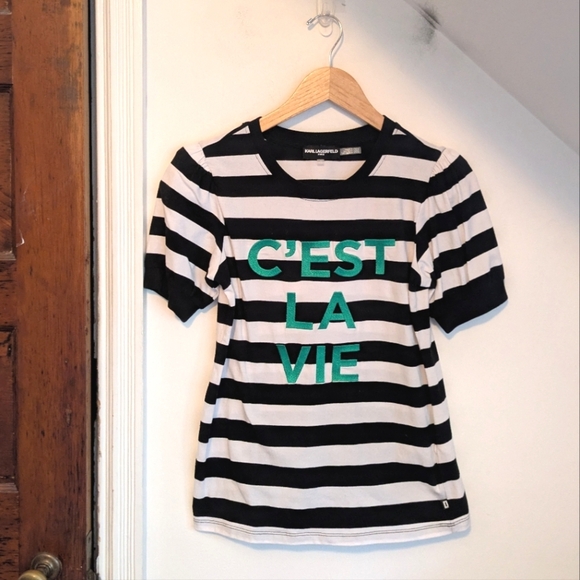 KARL LAGERFELD Striped Puff Sleeve C'est La Vie Tee Size XS - Picture 1 of 8
